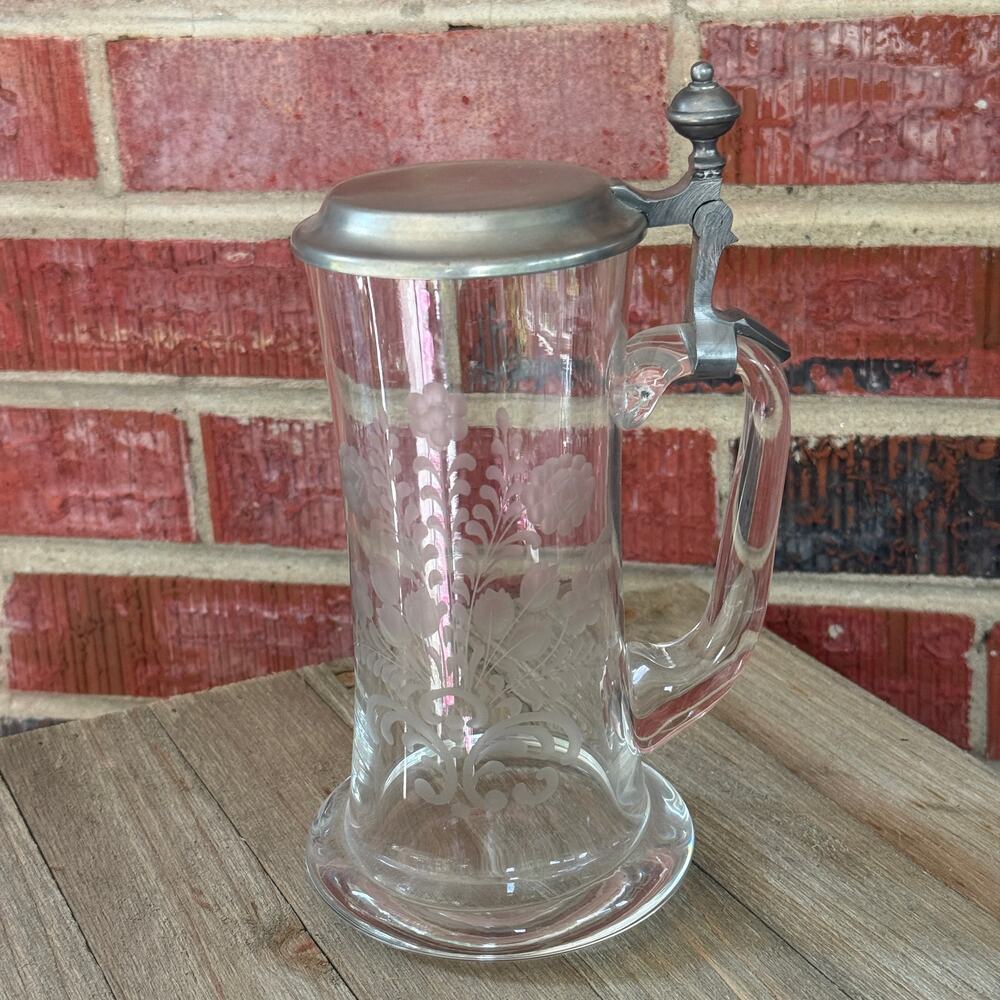 Vintage Floral Glass Beer Stein Rein Zinn Pewter Lid German Style 8.5"